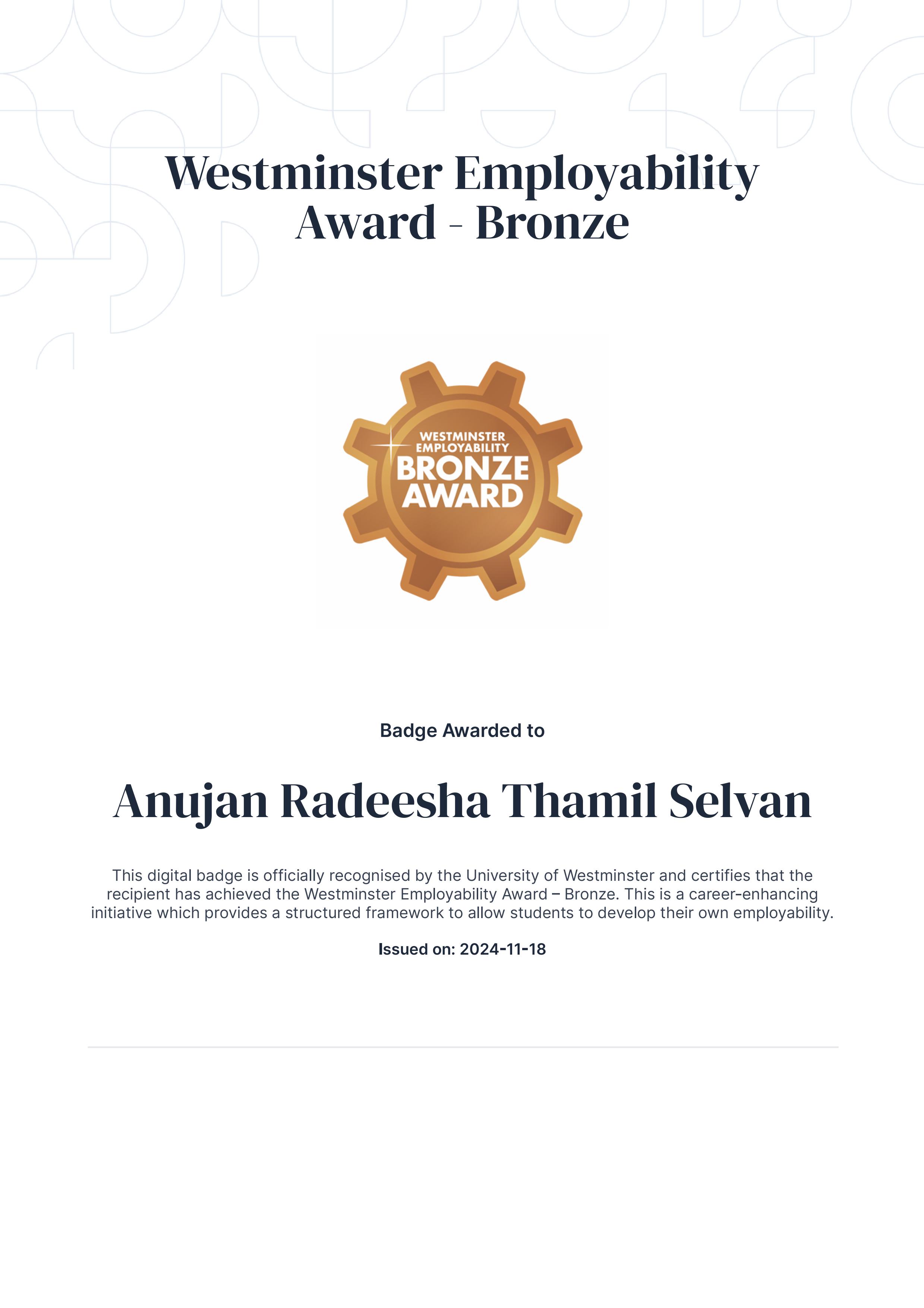Westminster Employability Award – Bronze