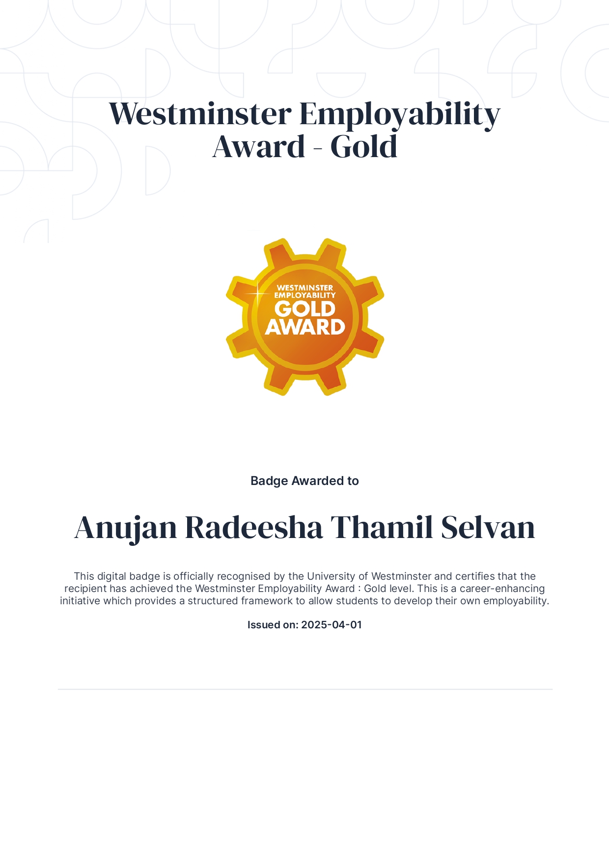 Westminster Employability Award – Gold