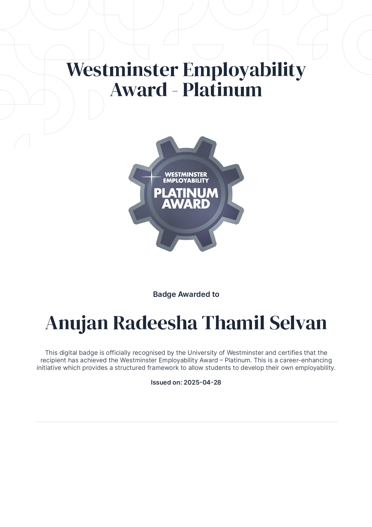 Westminster Employability Award – Platinum
